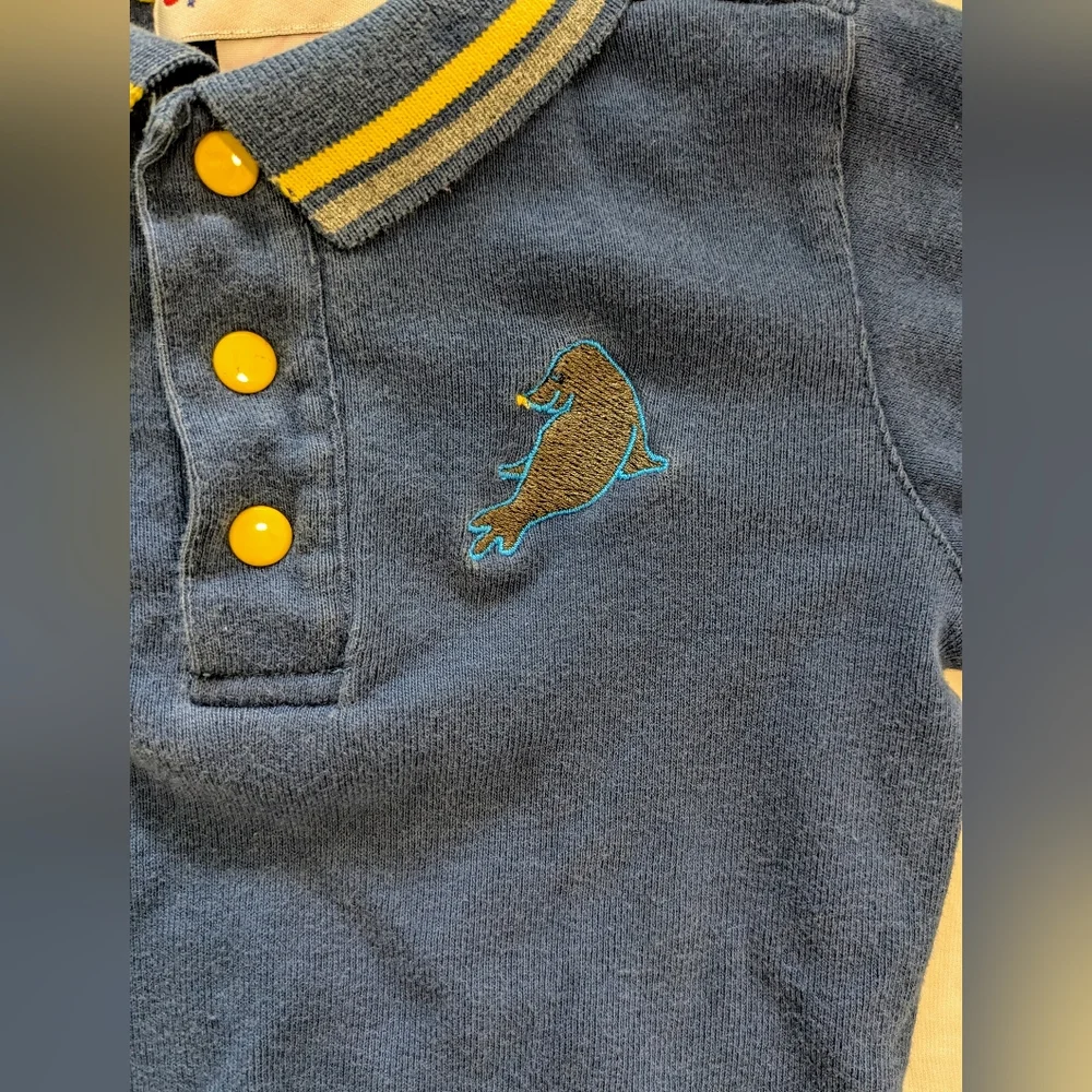 Vintage Gymboree 90s Blue Gray Long Sleeve Bodysuit Seal Embroidery Size Infant